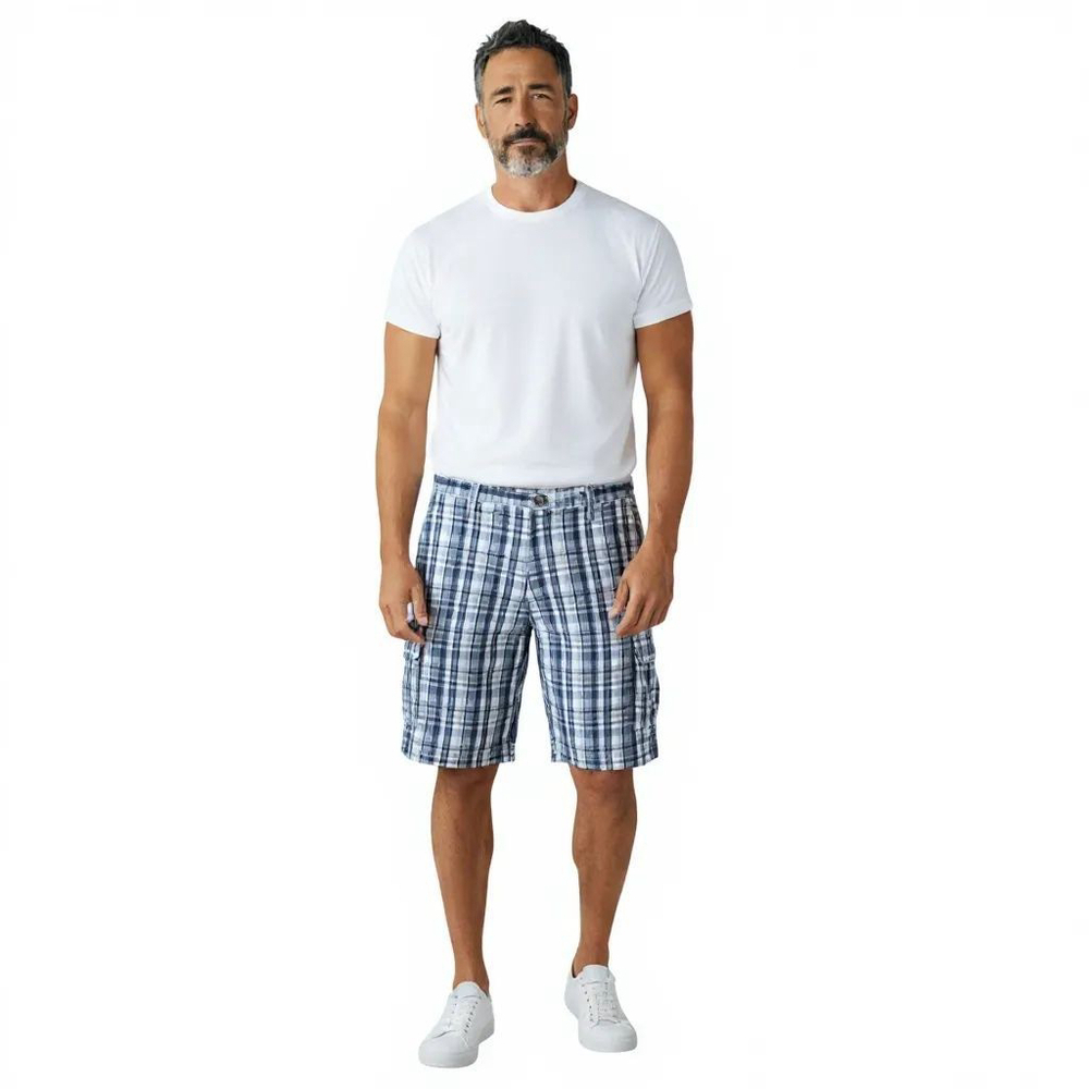 Dockers Mens Plaid Cotton Cargo Shorts Blue White Size 38